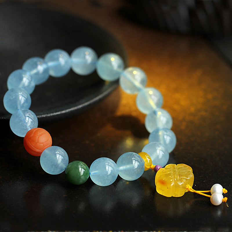 Mythstone Natural Aquamarine Amber Chinese Knotting Charm Peace Bracelet