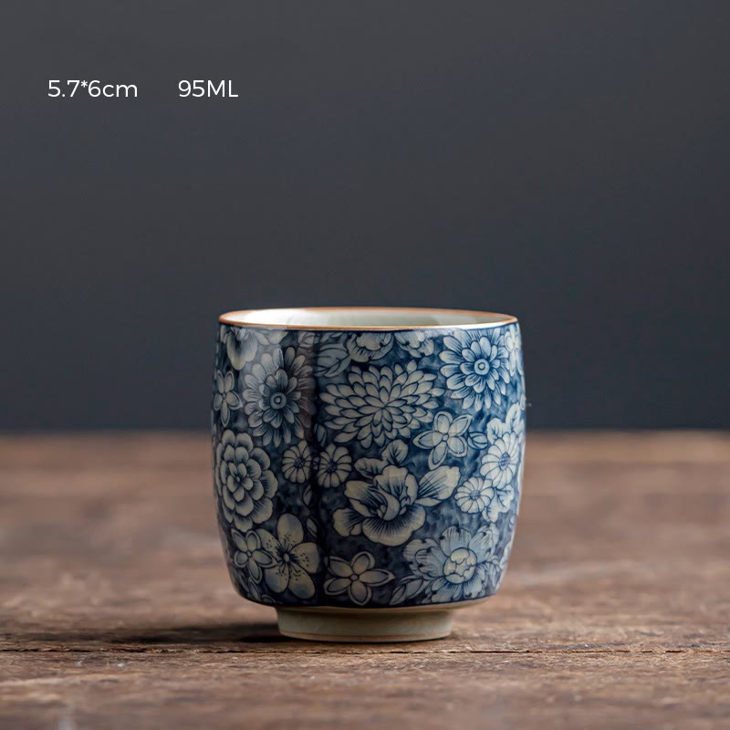 Mythstone Blue Lotus Peach Blossom Chrysanthemum Design Ceramic Teacup Kung Fu Tea Cups