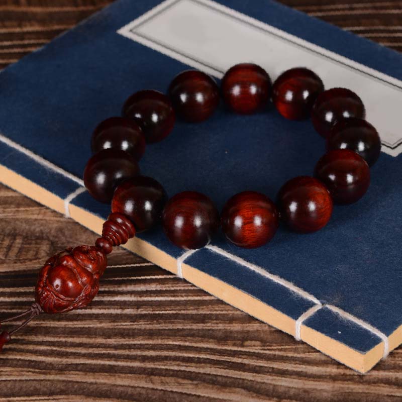 Mythstone Small Leaf Red Sandalwood Laughing Buddha God of Wealth Protection Bracelet