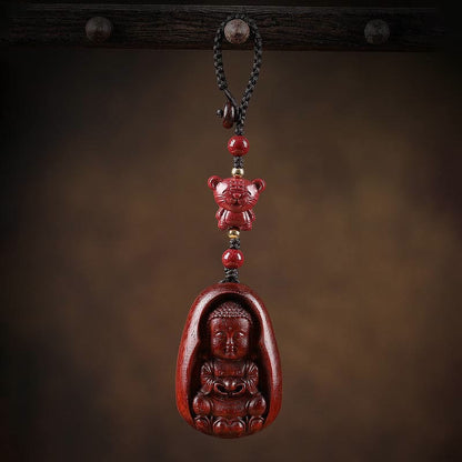 Llavero con amuleto de protección del zodíaco chino con forma de Buda de cinabrio y sándalo rojo y hoja pequeña de piedra mitológica