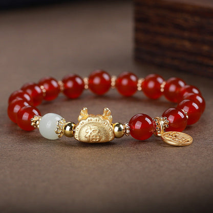 MythStone Year Of The Dragon Red Agate Gray Agate Dumpling Luck Fu Character Bracelet