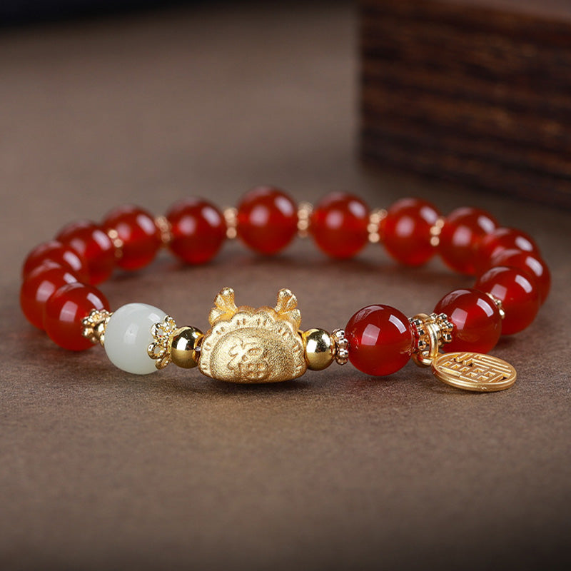 Mythstone Year Of The Dragon Red Agate Gray Agate Dumpling Luck Fu Character Bracelet