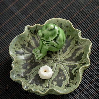 Mythstone Leaf Meditation Frog Pattern Healing Ceramic Incense Burner Decoration