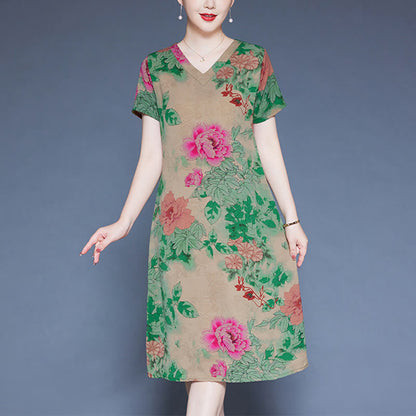 Mythstone V-Neck Green Red Peony Colorful Flowers Short Sleeve Midi Dress With Pockets