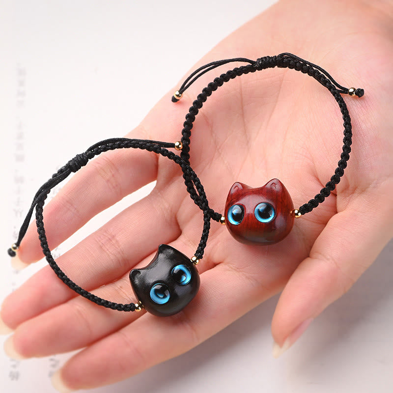 Mythstone Small Leaf Red Sandalwood Ebony Wood Cute Cat Head Calm Protection Braided Bracelet