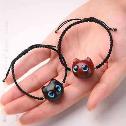 Mythstone Small Leaf Red Sandalwood Ebony Wood Cute Cat Head Calm Protection Braided Bracelet