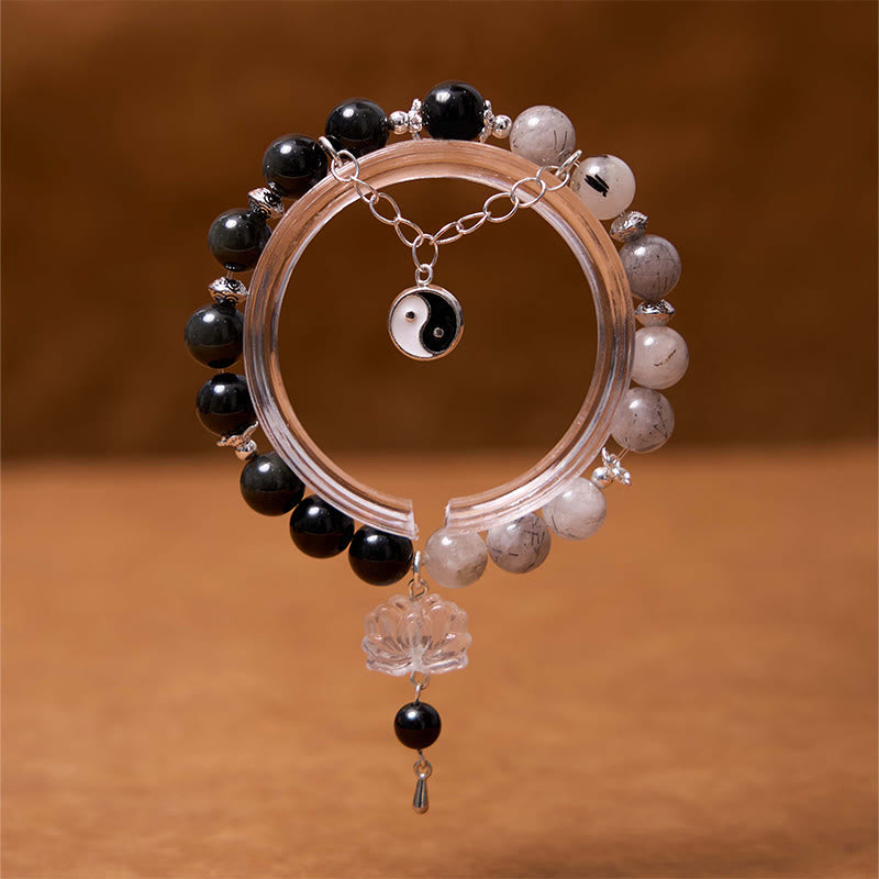 Mythstone Silver Sheen Obsidian Crackle Clear Quartz Black Rutilated Quartz Yin Yang Lotus Protection Bracelet