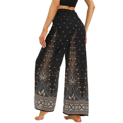 Mythstone Boho Peacock Feathers Lace-up Wide Leg Pants Women's Yoga Pants