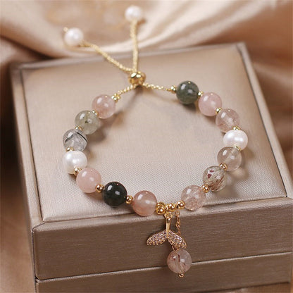 Mythstone Strawberry Quartz Rutilated Quartz Fishtail Charm Healing Bracelet