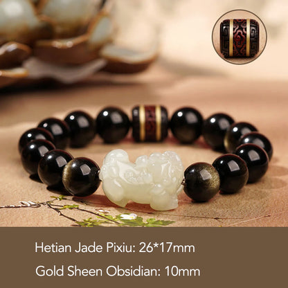 Mythstone Natural Gold Sheen Obsidian Hetian Cyan Jade White Jade PiXiu Wealth Bracelet