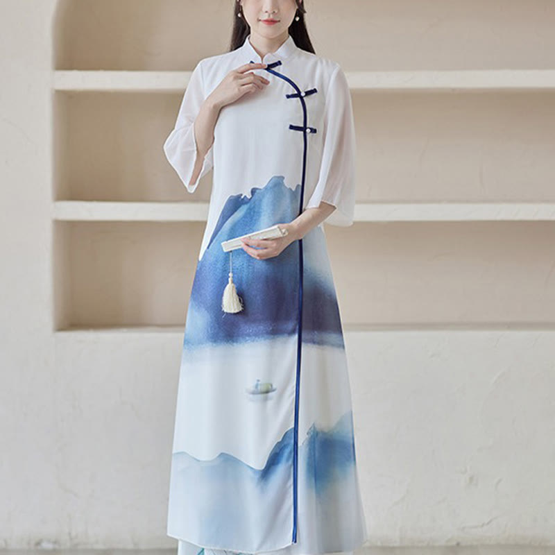 Mythstone Blue Landscape Painting Three Quarter Chinese Cheongsam Midi Dress