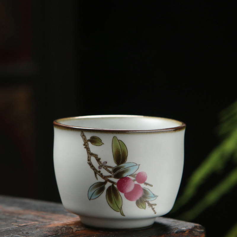 Mythstone Loquat Lychee Snow Scenery Landscape Grape Apple Ceramic Teacup Kung Fu Tea Cup