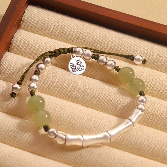 Pulsera de plata de ley 925 con jade natural y bambú y carácter Fu de Mythstone 