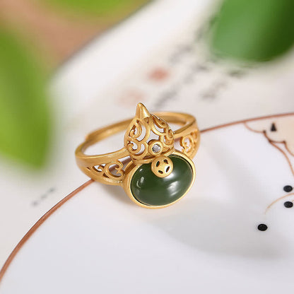 Anillo ajustable con piedra mitológica, calabaza, jade cian, moneda de cobre, suerte y éxito