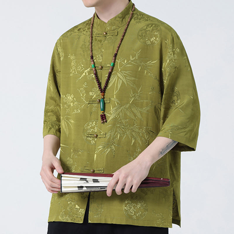 Mythstone Peach Blossom Bamboo Leaves Frog-button Chinese Half Sleeve Shirt Men T-shirt