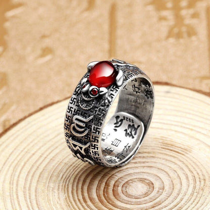 Anillo ajustable de riqueza con el sutra del corazón, vajra, dorje y rana del feng shui, piedra mítica, piedra Genstone PiXiu 