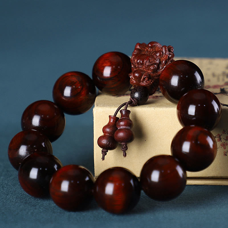 MythStone Rosewood Green Sandalwood Small Leaf Red Sandalwood Agarwood Dragon Carved Protection Bracelet