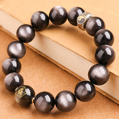 Mythstone 925 Sterling Silver Black Obsidian Gold Sheen Obsidian Silver Sheen Obsidian Yin Yang Protection Bracelet