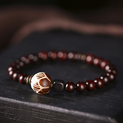 Mythstone Small Leaf Red Sandalwood Lotus Bodhi Seed Carved Protection Double Wrap Bracelet