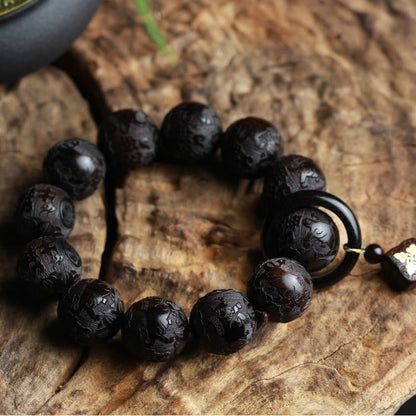 Mythstone Ebony Wood Chinese Character Yin Yang Engraved Gourd Balance Bracelet