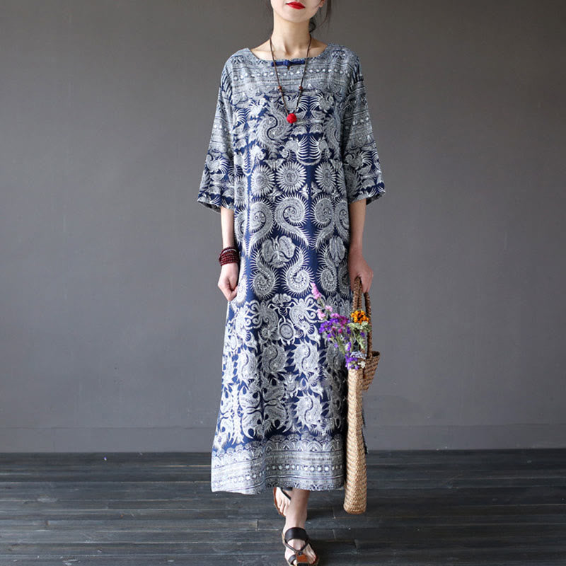 Mythstone Blue White Flower Printed Button Midi Dress Three Quarter Sleeve Cotton Linen Dress With Pockets