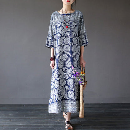 Mythstone Blue White Flower Printed Button Midi Dress Three Quarter Sleeve Cotton Linen Dress With Pockets