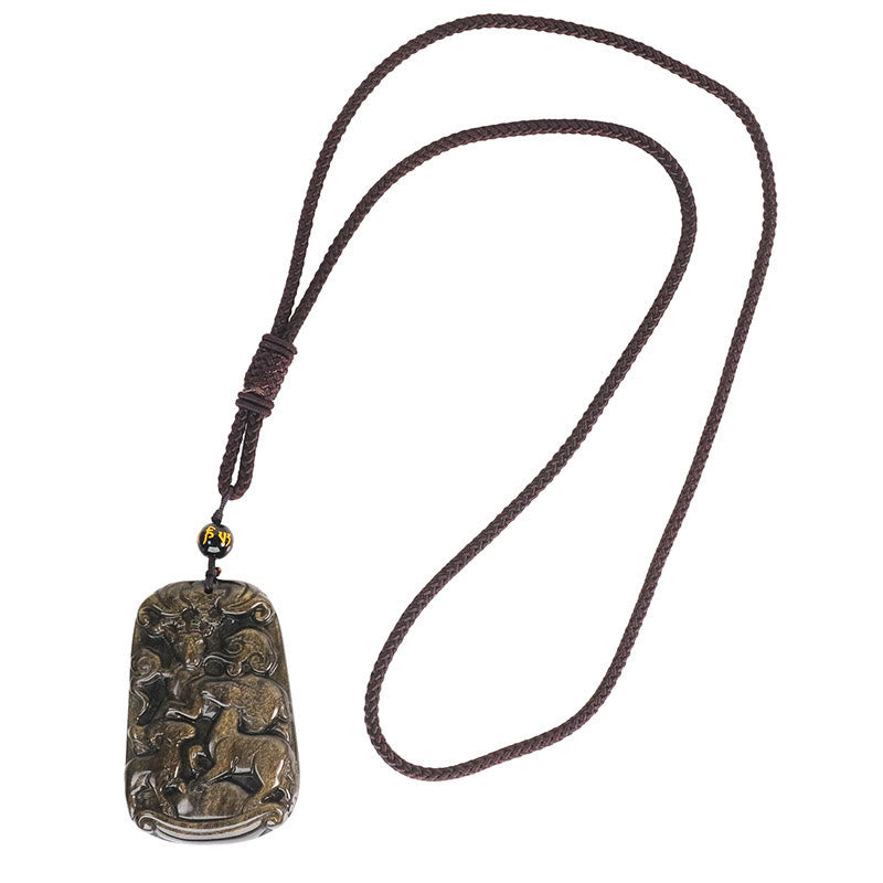 Mythstone Gold Sheen Obsidian Three Goats Bring Good Luck Pattern Wealth Necklace Pendant