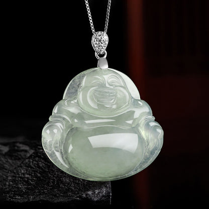 Mythstone 925 Sterling Silver Natural Jade Laughing Buddha Prosperity Abundance Chain Necklace Pendant