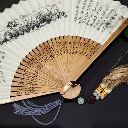 Mythstone A Panorama Of Rivers And Mountains Cranes Orchid Flower Paper Bamboo Handheld Silk Bamboo Folding Fan 22cm