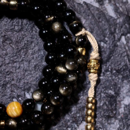 Mythstone 108 Mala Beads Gold Sheen Obsidian Tiger Eye Eagle's Eye Stone Wealth Bracelet