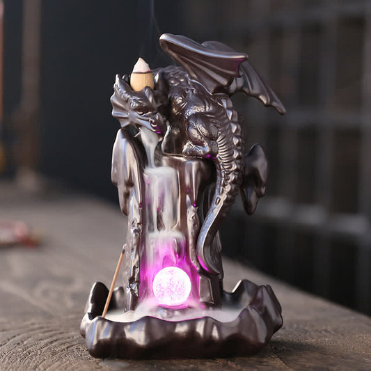 Mythstone Nordic Dragon Ceramic Backflow Smoke Fountain Meditation Healing Incense Burner Led Ball Decoration