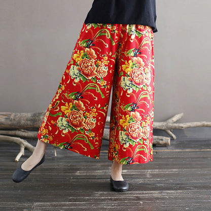 Pantalones anchos de lino y algodón con flores de peonía roja de Mythstone y bolsillos 