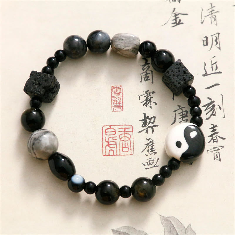 Mythstone Black Onyx Picasso Jasper Bead Yin Yang Fortune Protection Bracelet