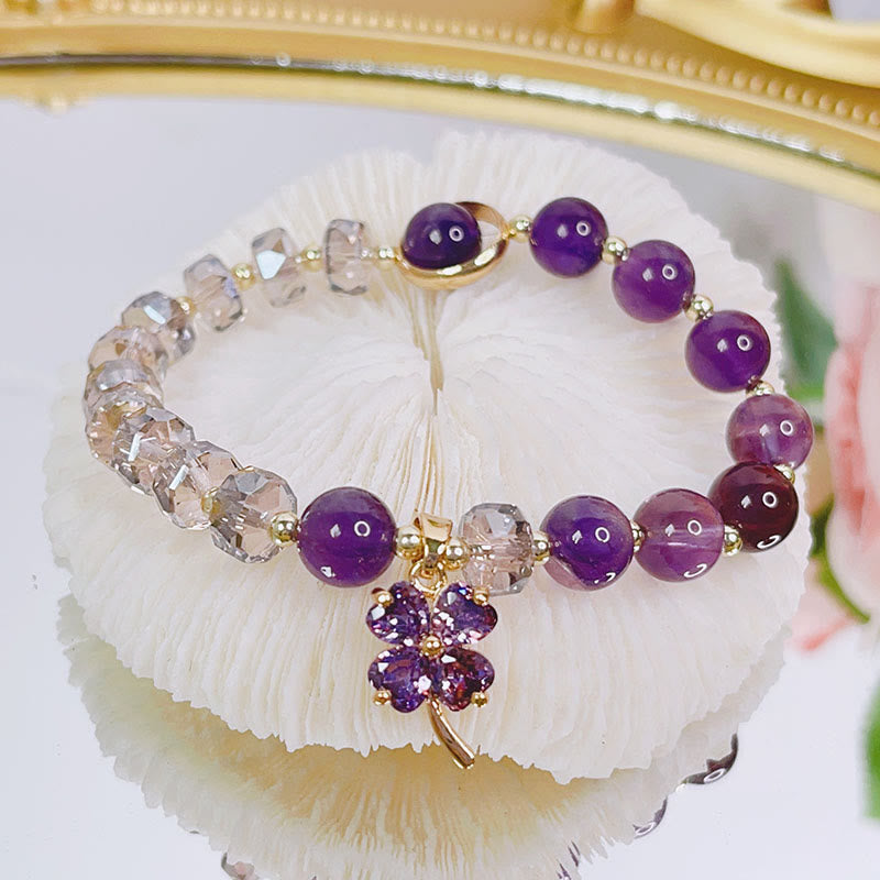 Mythstone Amethyst Crystal Four Leaf Clover Healing Charm Bracelet