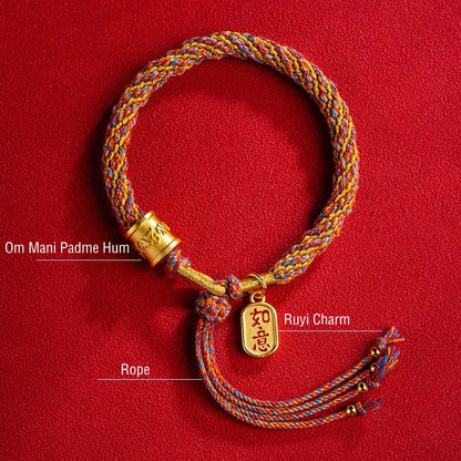 Mythstone Handmade Multicolored Tibetan Om Mani Padme Hum Ruyi Auspicious Charm Braided Bracelet