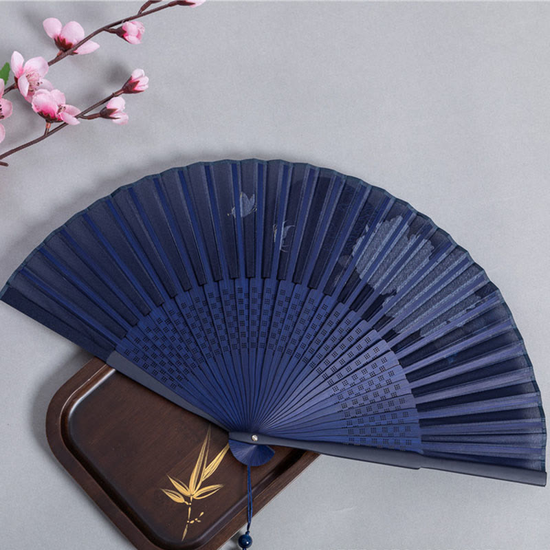 Mythstone Crane Dragonfly Lotus Peony Plum Blossom Butterfly Handheld Silk Bamboo Folding Fan 22.5cm