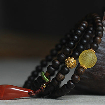 MythStone 999 Gold Nha Trang Heiqinan Agarwood Amber Red Agate Strength Meditation Bracelet