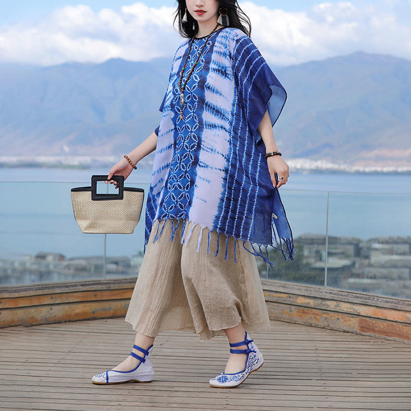 Mythstone Blue White Striped Indigo Dyeing Shawl Tassels Cozy Pullover 90*95cm