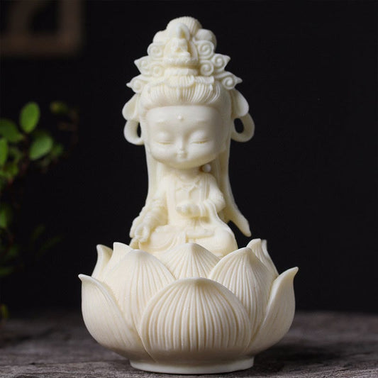 Mythstone Mini Ivory Fruit Kwan Yin Avalokitesvara Lotus Wealth Desk Decoration