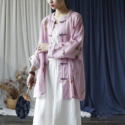 Mythstone Pink Flower Print Frog-button Design Batwing Long Sleeve Ramie Linen Jacket Shirt