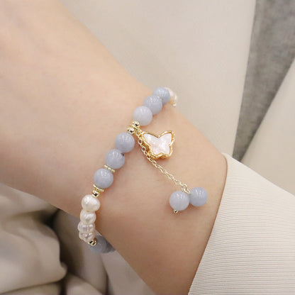 Mythstone Natural Aquamarine Pearl Healing Ginkgo Leaf Butterfly Charm Bracelet