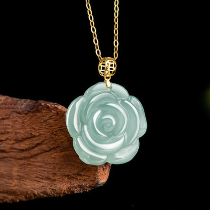 Mythstone 18K Gold 925 Sterling Silver Natural Jade Rose Luck Necklace Pendant