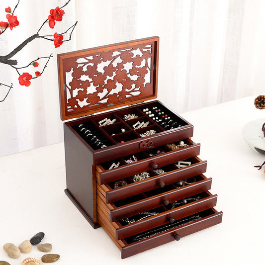 Mythstone Vintage Plum Blossom Carved Wooden Jewelry Box Six-Layer Jewelry Storage Box