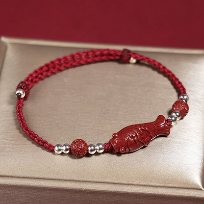 Mythstone 925 Sterling Silver Koi Fish Cinnabar Fu Character Copper Coin Wealth Braided Bracelet