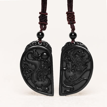 Mythstone Black Obsidian Love Dragon Phoenix Protection Necklace Pendant