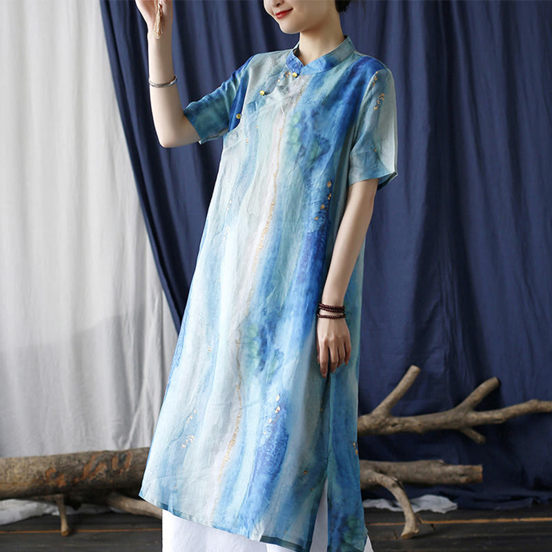 Mythstone Ramie Blue Digital Printing Cheongsam Dresses Short Sleeve Linen Dress