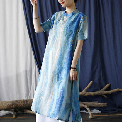 Mythstone Ramie Blue Digital Printing Cheongsam Dresses Short Sleeve Linen Dress