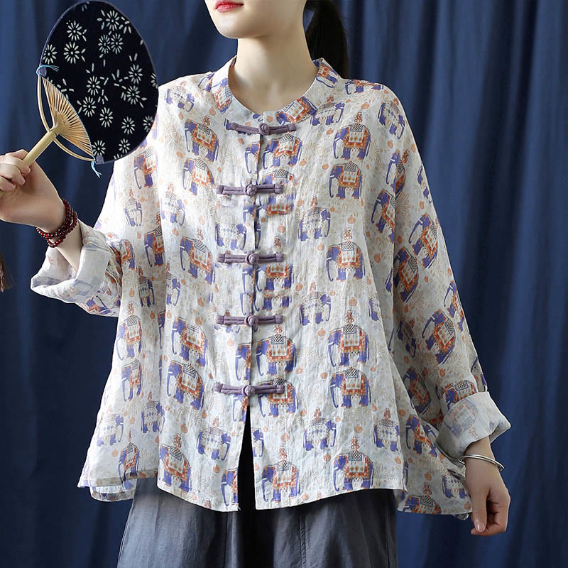 Mythstone Elephant Print Frog-button Design Batwing Long Sleeve Ramie Linen Jacket Shirt