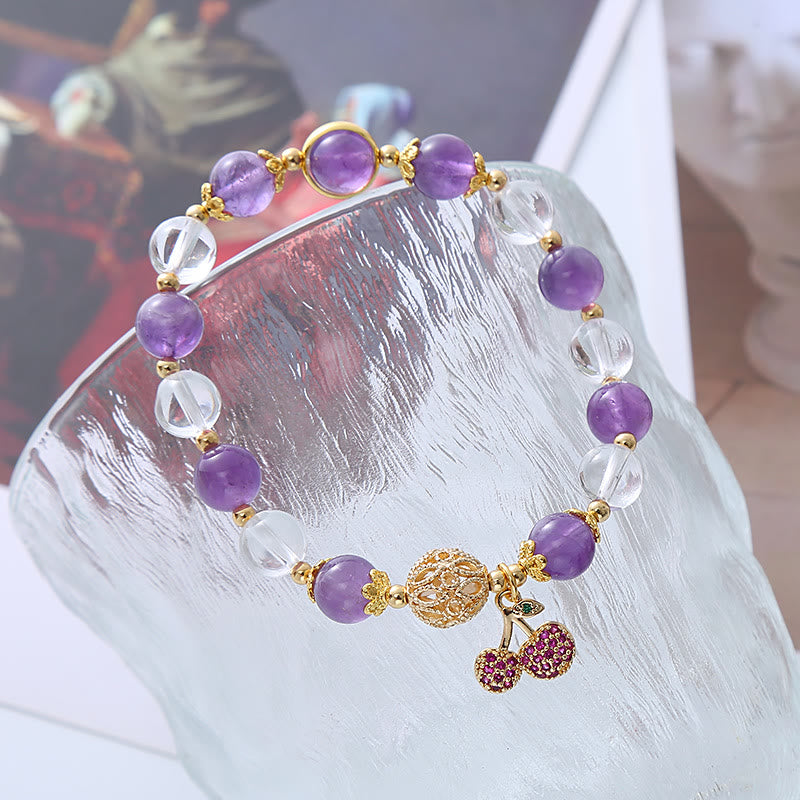 Mythstone Natural Amethyst White Crystal Positive Cherry Charm Bracelet