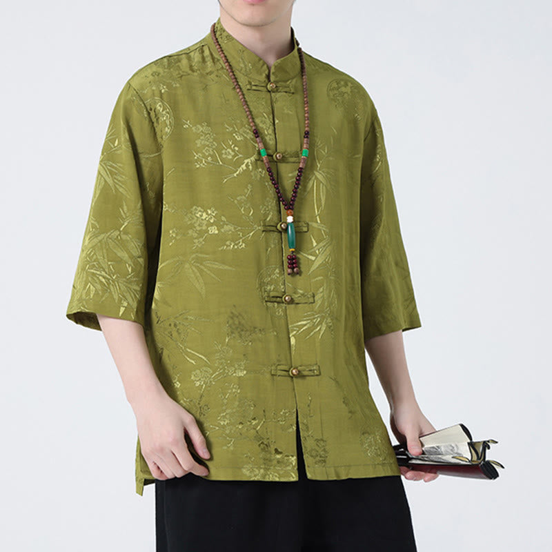 Mythstone Peach Blossom Bamboo Leaves Frog-button Chinese Half Sleeve Shirt Men T-shirt